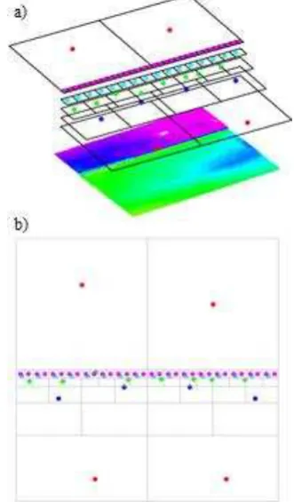 Figure 2. a) Perspective view of a colored point cloud and cells  with the corresponding points inside; b) Top view of the cells and selected points