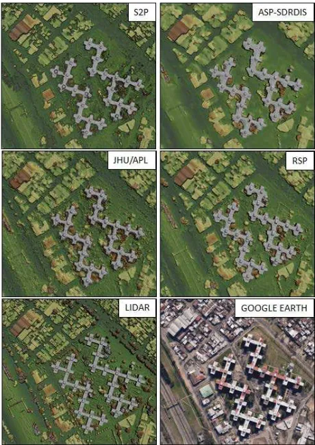 Figure 2  MVS and lidar point clouds are rendered as digital surface models and compared with Google Earth imagery