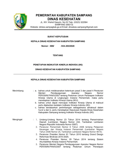 SURAT KEPUTUSAN. Nomor : 900/ / /2020 TENTANG PENETAPAN INDIKATOR ...