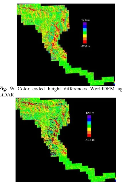 Fig. 10:  Color coded height differences of filtered WorldDEM against LiDAR, black in project area = deleted by filtering  