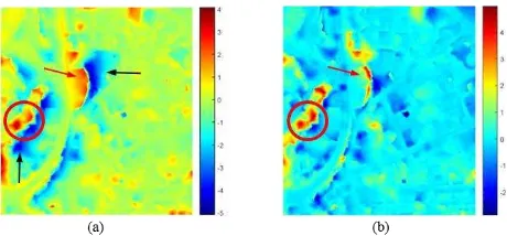 Figure 8. Area (1) height difference maps of the LiDAR DTM  compared to the MSD (a) and the NGPs (b)