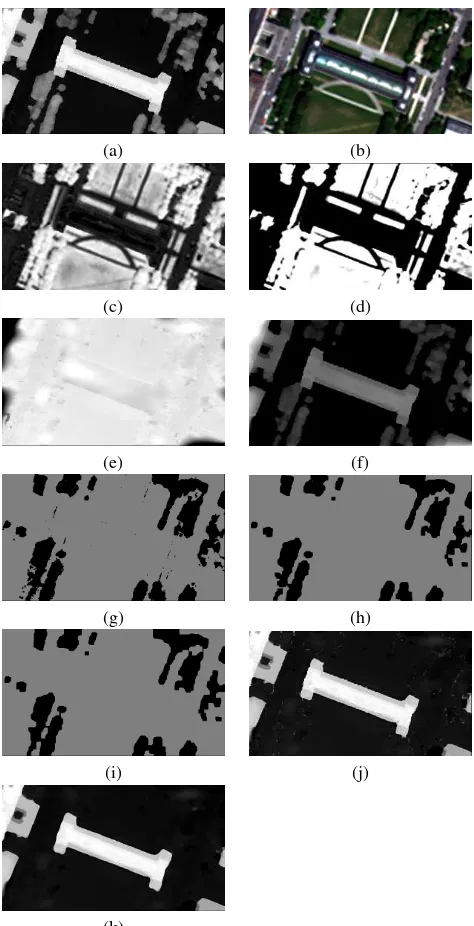 Figure 2. Preprocessing steps, exempliﬁed for Alte Pinakothekin Munich, Germany. A DSM generated from WorldView-2 data(a) and an optical image from WorldView-2 (b) are used as in-put to the preprocessing chain