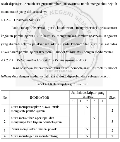 Tabel 4.1 Keterampilan guru siklus I 