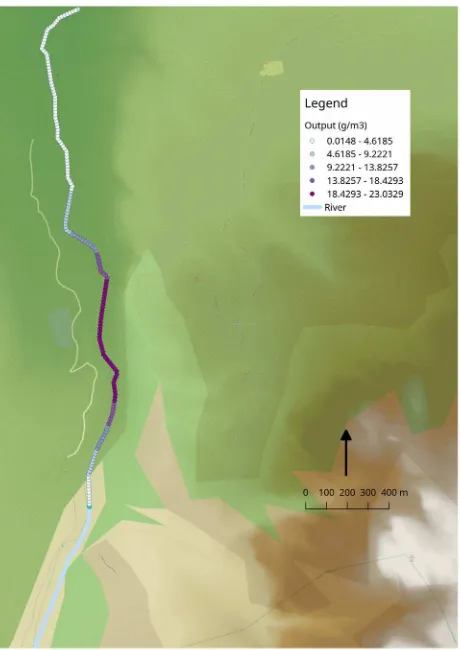 Figure 6. Example of the temporal variation of the concentrationpeak in a river contamination scenario 