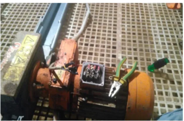 Gambar 4. Proses pemasangan motor listrik  Proses  pemasangan  ini  dilakukan  dengan  menghubungkan  kabel  yang  berasal  dari  panel  depan  yang  bersumber  listrik  3  fasa