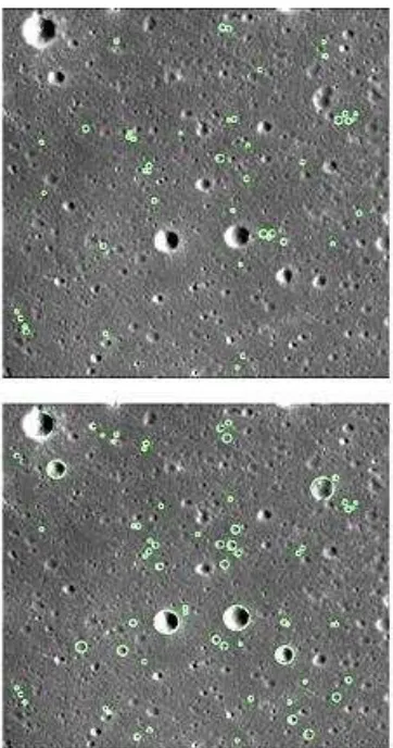 Figure 4. Top: Craters detected in Kaguya TC image data by the SCD algorithm (top) and the binned SCD algorithm (bottom)