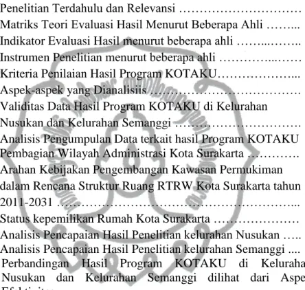 Tabel 4.3      Status kepemilikan Rumah Kota Surakarta …………………  71  Tabel 4.4  Analisis Pencapaian Hasil Penelitian kelurahan Nusukan ….