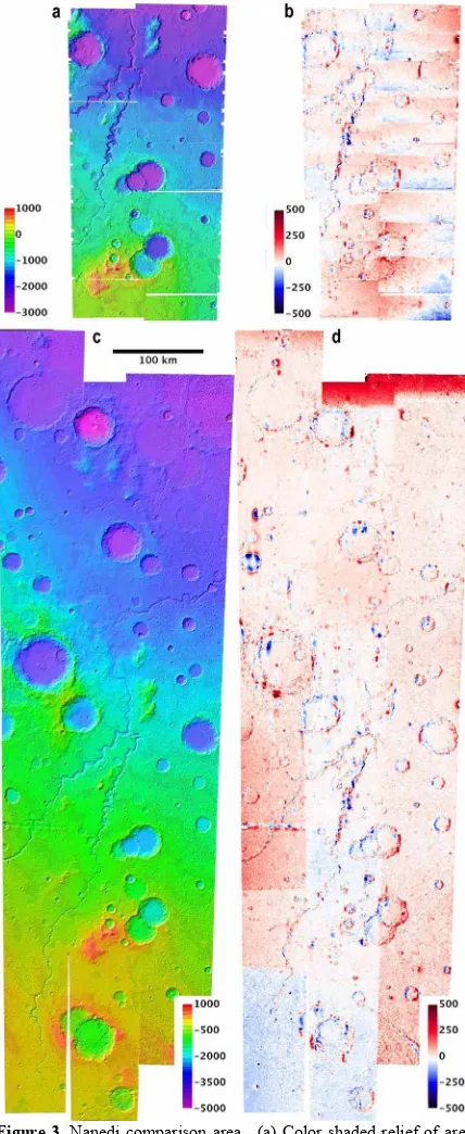 Figure 3.  Nanedi comparison area.  (a) Color shaded relief of area mapped in 2006. (b) Difference of 2006 DTM from MOLA, showing artifacts related to the segmentation of the images by exposure time