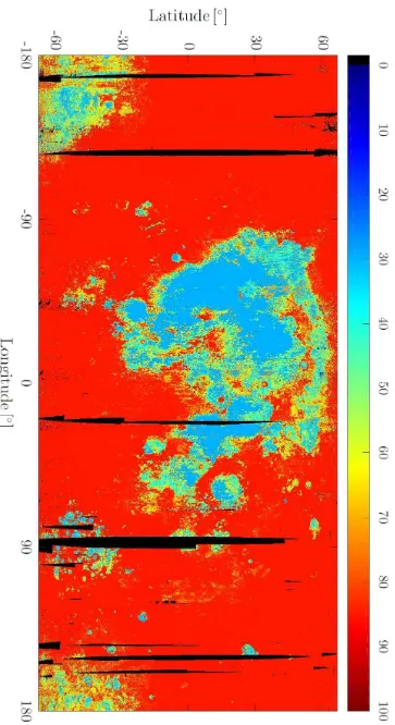 Figure 1. Map of the fractional abundance of plagioclase (in percent). Black pixels denote missing data.