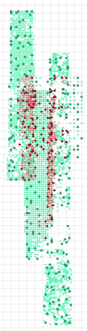 Figure 8: Outlined are 333 of 7742 tie points selected by a ﬁlter;in green: single-strip points; in red: multi-strip points;used sub-block option: pairwise; used grid cell size: 64MEDGR pixel (approx