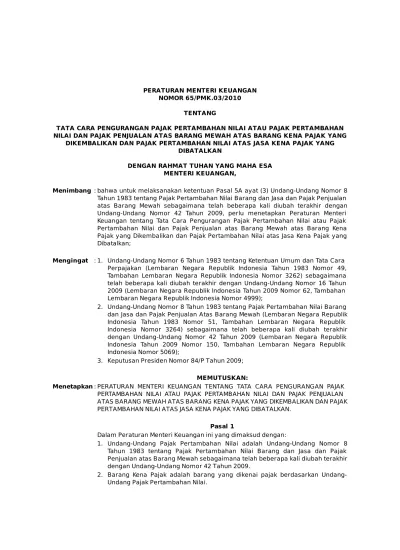 PERATURAN MENTERI KEUANGAN NOMOR 65/PMK.03/2010 TENTANG