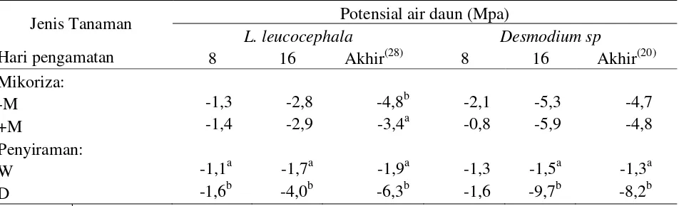 Tabel 1. Rataan kadar air tanah (%) pada tanaman legum pohon fase pertumbuhan awal yang diinokulasi dan tanpa inokulasi mikoriza pada dua perlakuan penyiraman 
