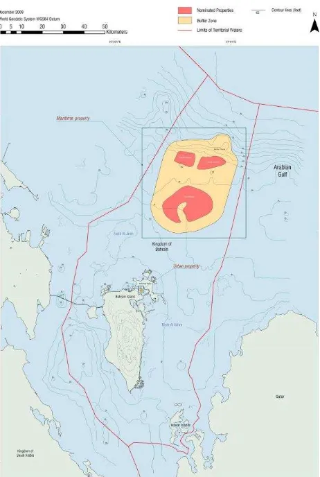 Figure 2 Map showing the location of Bahrain and its territorial waters in the Arabian Gulf  as well as the core and the buffer zone of the Pearling, Testimony of an Island Economy UNESCO site
