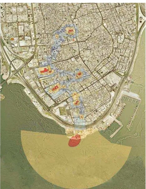 Figure 3 Map of the Muharraq inscribed properties and their buffer zone. Image source (Kingdom of Bahrain Ministry of Culture & Information, 2012)