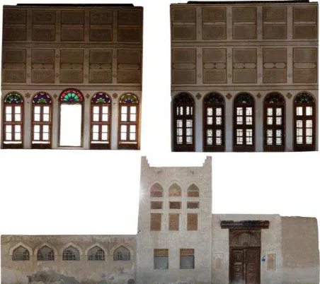 Figure 13  BIM model of the Aljazzaf house developed from the consolidated pointcloud and render samples generated from the BIM model