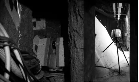 Figure 1. Laser scanner Leica C10 hardly levelled in a tunnel (left) and in the “sordine” environment (right)
