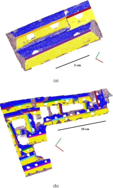 Figure 8. Segmentation of ridges and facets of roofs (top view):  (a) block 5; (b) block 6  