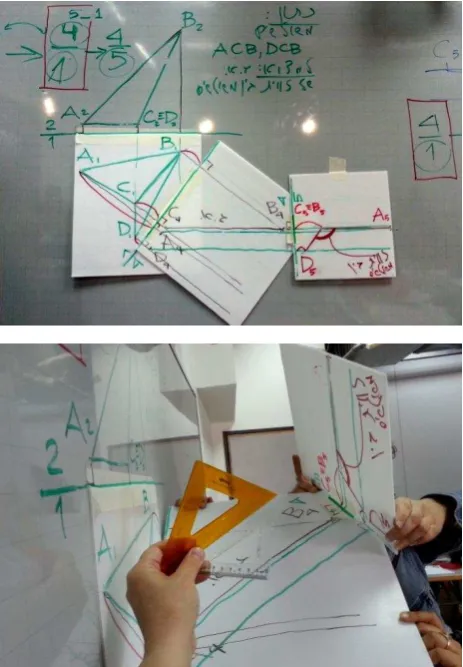 Figure 5. Solving problems between two and three dimensions in a descriptive geometry course: spatial angle defined by two planes a) a flat folded model (top), b) (almost) unfolded model (bottom,) ©Anna Lobovikov-Katz 