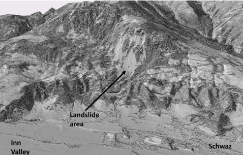 Figure 1. Mining landscape of Schwaz in the Tyrol indicating the landslide of the Eiblschrofen in the high resolution surface model of the province of Tyrol (source: Land Tirol 2009) 