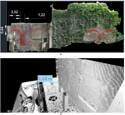 Figure 3. Documentation of main portion of the circus outer wall still standing: a) orthoimage, providing the measurement of the arches supporting the audience seats; b) laser scan including a small remain of the small inner wall found in a private basemen