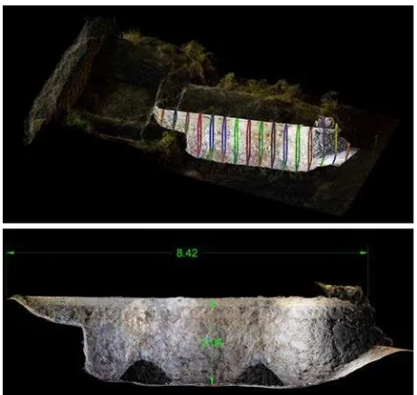 Figure 7. Point cloud renders. Isometric view of subterranean feature of Roman Dam with slices (top); orthographic elevation image of subterranean feature detailing dimension data (bottom) 