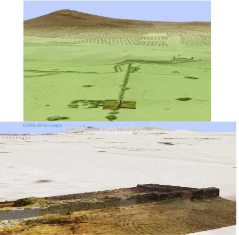 Figure 8. DSM made from aerial LiDAR data that is merged with 3D model of Roman dam made using collected TLS data  (top); hillshade model made from aerial LiDAR data and same 3D model (bottom)