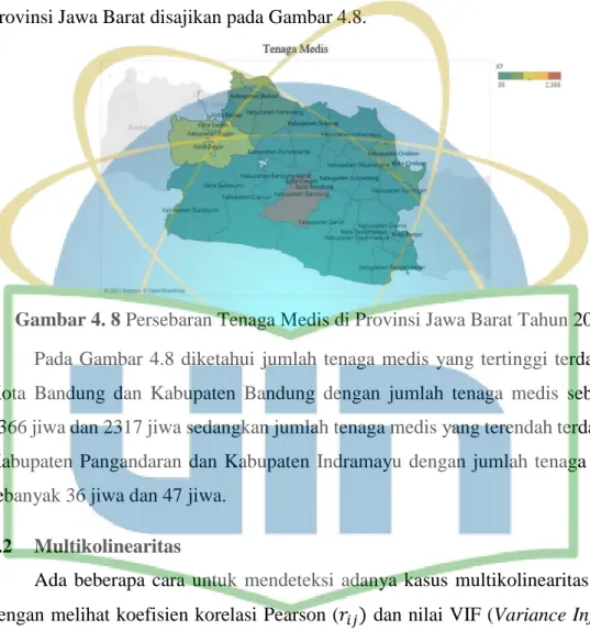 Gambar 4. 8 Persebaran Tenaga Medis di Provinsi Jawa Barat Tahun 2018  Pada  Gambar  4.8  diketahui  jumlah  tenaga  medis  yang  tertinggi  terdapat  di  Kota  Bandung  dan  Kabupaten  Bandung  dengan  jumlah  tenaga  medis  sebanyak  2366 jiwa dan 2317 j