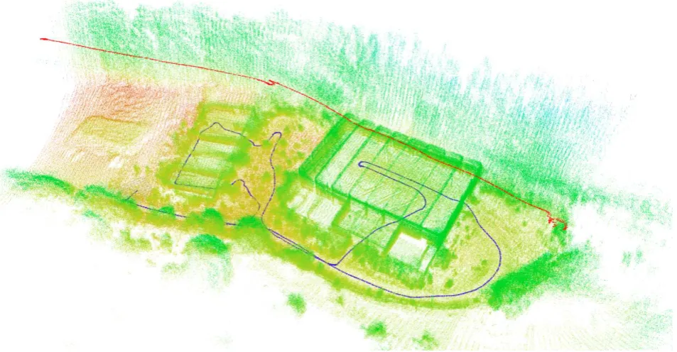 Figure 12. Map of rural wooded area with two workshop halls generated by a team of UGV / UAV