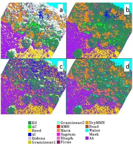 Figure 3. SVM classification map before and after adding DSM  data (a: MNF 20 components; b: MNF 20 components + DSM; c: SDA 20 bands; d: SDA 20 bands + DSM) 