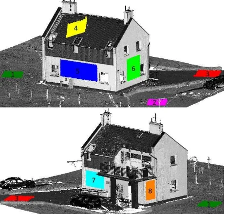 Figure 3. Location of 8 point cloud samples (color patches) used in accuracy evaluation, and reference TLS point cloud (gray)