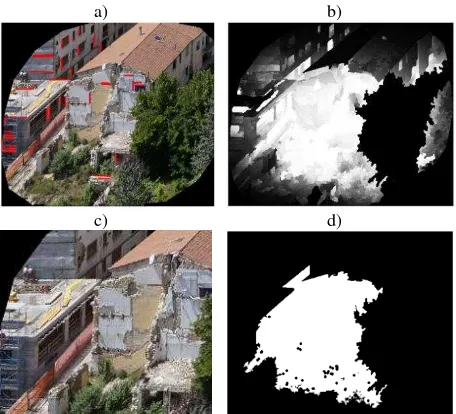 Figure 11 Results of the façade line segments and salient object  map: a) façade line segments overlaid in buffered façade patch, b) real-time salient object, c) final refined facade patch, d) binary image of the salient object detection in b) 
