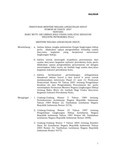 PERATURAN MENTERI NEGARA LINGKUNGAN HIDUP NOMOR 08 TAHUN 2007 TENTANG ...