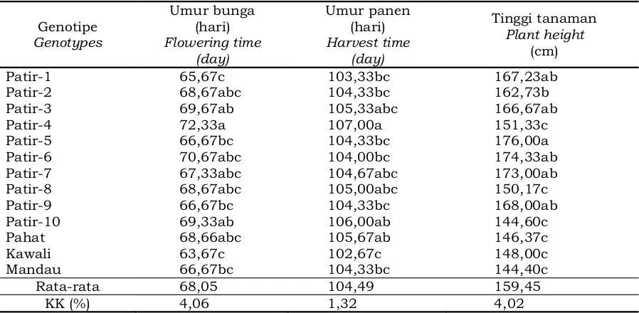 Table 3. Flowering time, harvest time, and plant height of sorghum genotypes as rubber tanaman sela karetintercrops