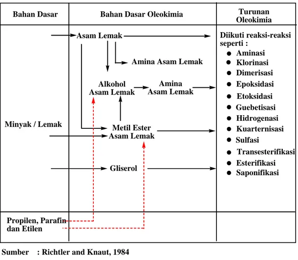 Tabel 2.1.  Diagram Alur Proses Oleokimia dari Bahan Dasar Minyak atau Lemak  menjadi Oleokimia dan Turunan Oleokimia 
