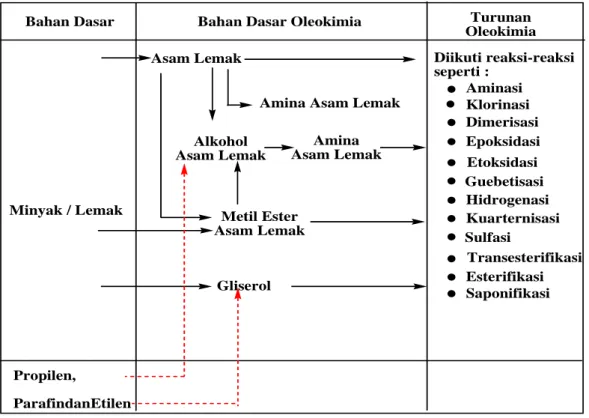 Tabel 2.1. Diagram Alur Proses Oleokimia dari Bahan   Dasar Minyak atau Lemak menjadi  Oleokimia dan Turunan Oleokimia 