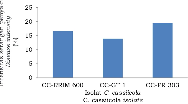 Gambar 3.Figure 3.  Intensitas serangan penyakit Corynespora berbagai klon karet IRR seri 300 terhadap tiga isolat C