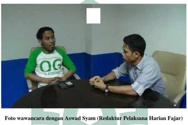 Foto wawancara dengan Aswad Syam (Redaktur Pelaksana Harian Fajar) Aswad  Syam  lahir  di  Kabupaten  Bone  pada  tanggal  08  Juni  1978