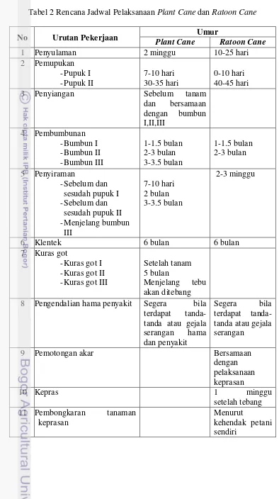 Tabel 2 Rencana Jadwal Pelaksanaan Plant Cane dan Ratoon Cane 
