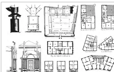 Fig. 3 – Composizione di illustrazioni tratte da Archimede Sacchi, Le abitazioni. Alberghi, case operaie, fabbriche rurali,case civili, palazzi e ville, Milano, Hoepli, 1874.