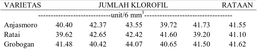 Tabel 2. Jumlah klorofil (unit/6 mm3VARIETAS ) bebepara varietas kedelai dengan perlakuan pemberian pupuk   JUMLAH KLOROFIL RATAAN 