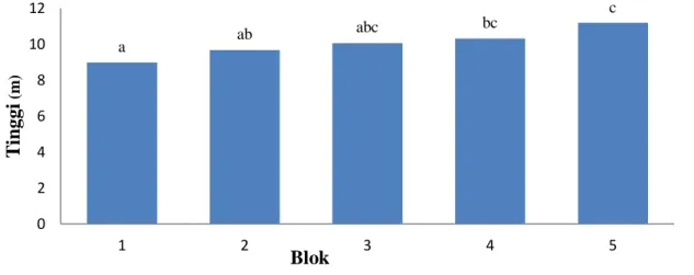 Gambar  2.  Grafik  uji perbandingan berganda duncan pengaruh blok meranti terhadap  tinggi total spesies Meranti (m)(Graph duncan's multiple range test effect 