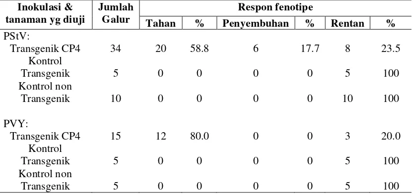 Tabel 5.   Respon tanaman N.benthamiana transgenik pBINRCP4 terhadap inokulasi PStV dan PVY 