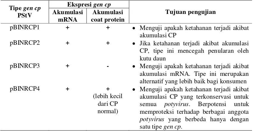 Tabel 1.     Sifat dan pola ekspresi empat tipe gen cp PStV yang diuji keefektifannya dan tujuan pengujian yang dilakukan untuk mendapatkan tanaman transgenik tahan PStV dan mempelajari mekanisme ketahanannya