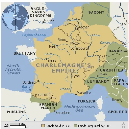 Gambar III.1. Teritori “Kaisar Roma” Charlemagne pada Abad Ke-8  (Sumber: Encyclopedia Encarta 2009) 