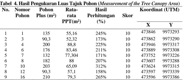Tabel  4. Hasil Pengukuran Luas Tajuk Pohon ( Measurement of the Tree Canopy Area) No