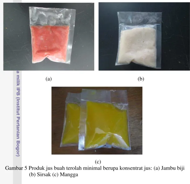 Gambar 5 Produk jus buah terolah minimal berupa konsentrat jus: (a) Jambu biji   (b) Sirsak (c) Mangga 