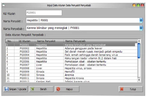 Gambar 12. Menu Input Basis Aturan Penyakit Dan Penyebab  c)  Form Menu Aturan Penyakit dan Solusi 