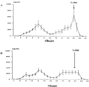 Gambar 5  Konsentrasi rata-rata ovPAG  dalam plasama (± SEM) selama kebuntingan   dan postpartus pada domba (Ranilla et al