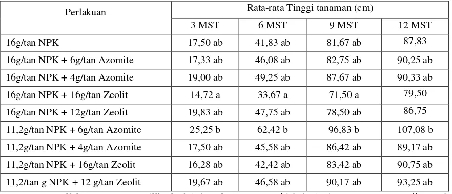 Tabel 1. Rata-rata Tinggi Tanaman (cm) pada Umur 3, 6, 9 dan 12 MST 