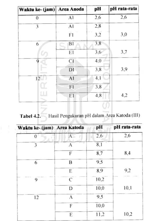 Tabel 4.1 Hasil Pengukuran pH dalam Area Anoda (I)